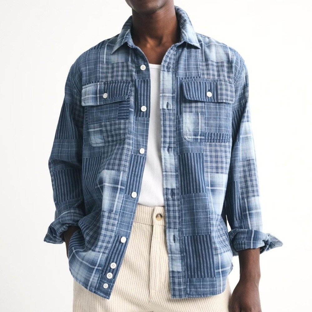 Abercrombie & Fitch Cotton Gauze Patchwork Madras Workshirt Men S Plaid Blue
